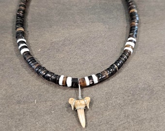 Hawaiian Tropical Black Pen Shell W/ White Clam Shell Beads & Shark's Tooth Necklace - men's necklace