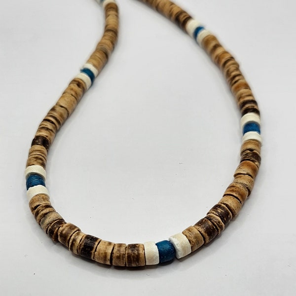 Hawaiian Surfer Light Brown and White And Blue Coconut Shell Tropical Necklace