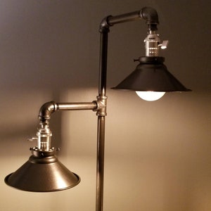 Black and Silver Industrial Pipe Floor Lamp with Two Lights