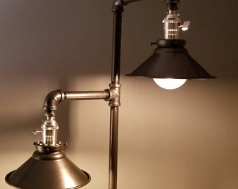 Black and Silver Industrial Pipe Floor Lamp with Two Lights