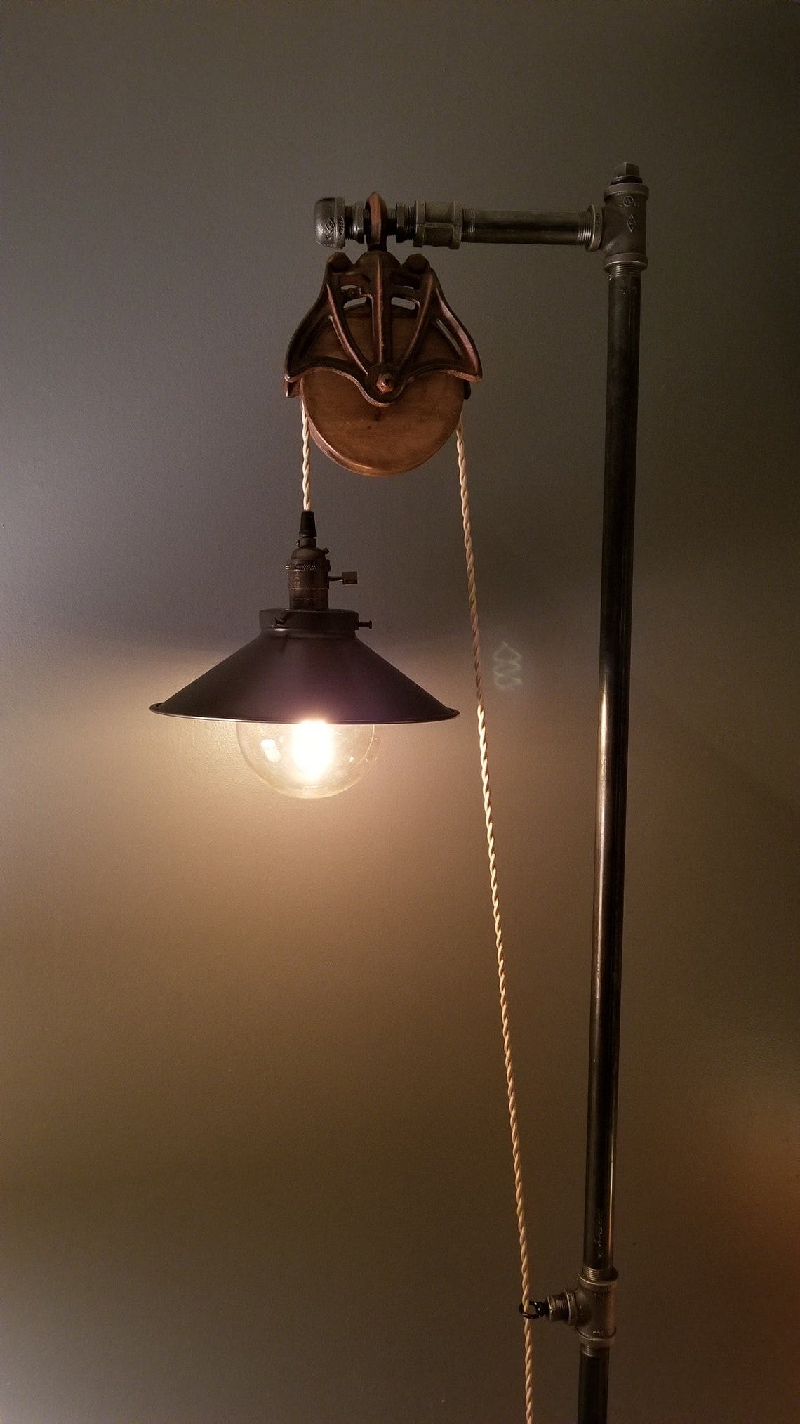 Industrial Pipe Floor Lamp With a Barn Pulley Accented Shade Etsy