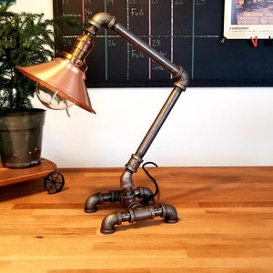 Industrial Steel Pipe Desk Lamp w/ Copper Shade - Farmhouse Lighting - Steampunk - Man Cave Decor