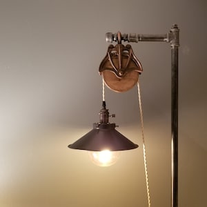 Industrial Pipe Floor Lamp with a Barn Pulley Accented Shade - farmhouse lighting - pulley lamp
