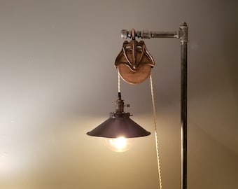 Industrial Pipe Floor Lamp with a Barn Pulley Accented Shade - farmhouse lighting - pulley lamp