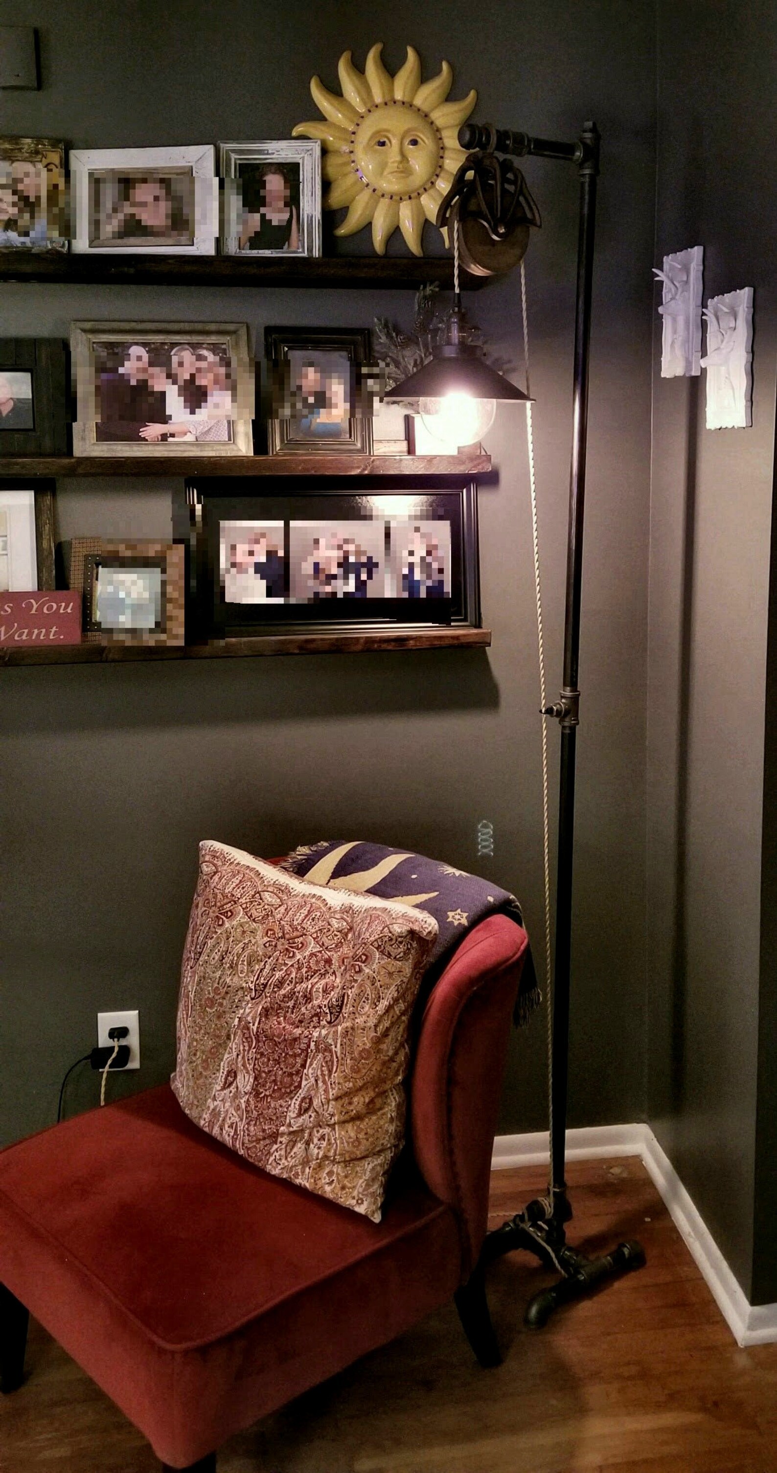 Industrial Pipe Floor Lamp With a Barn Pulley Accented Shade Etsy