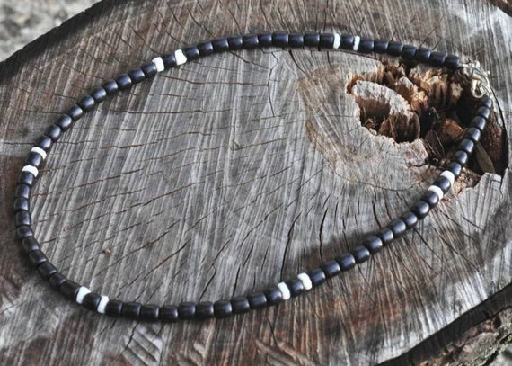 Black Coco Bead Necklace with Tan Coco Tubes and White Clam Shell Beads 