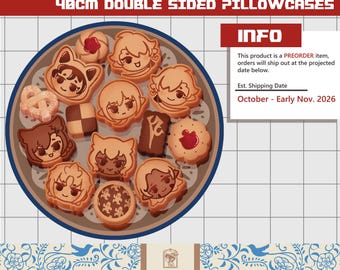 May include: A circular tray filled with various cookies featuring anime-style character faces, a pretzel, and patterned squares. The text reads WELL RESTED! 40CM DOUBLE SIDED PILLOWCASES, INFO, and SCION COOKIETIN. The design includes a blue floral border.