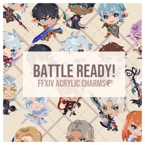 Puede incluir: Un conjunto de charms acrílicos coloridos con personajes del videojuego Final Fantasy XIV. Los charms están diseñados en estilo chibi y presentan varios personajes del juego, incluyendo guerreros, magos y arqueros. Los charms están todos sobre un fondo de patrón a cuadros.