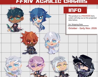 May include: A collection of eight stylized acrylic charms featuring anime-inspired characters from FFXIV. The image includes text reading BATTLE READY! FFXIV ACRYLIC CHARMS, INFO, and ENDWALKER, alongside a grid background and character illustrations.