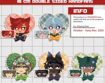May include: Five heart-shaped 18 cm double-sided handfans featuring anime-style character illustrations. Each fan displays a unique character with distinct hair colors, expressions, and bow ties, set against patterned backgrounds with small inset images.