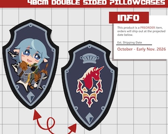 May include: Two 40cm double-sided pillowcases shaped like shields. One side features a light blue-haired character in armor, while the other displays a red unicorn emblem with a crown. The text reads WELL RESTED! and HAURCHEFANT SHIELD.