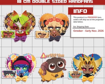 May include: Four heart-shaped 18 cm double-sided handfans featuring colorful anime-style character illustrations and a central brown ram creature labeled lv100 Yan. The text STAY COOL! and ARCADION is displayed in white block letters on a grid background.