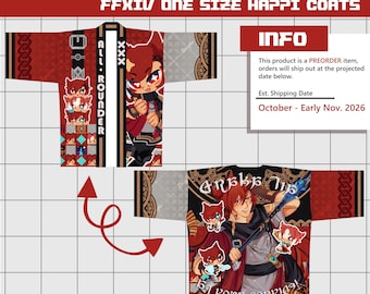 May include: A red and grey happi coat featuring anime-style character illustrations of G'raha Tia from FFXIV. The front displays a belt design and character icons, while the back shows a large character portrait with the text 'At Your Service'.