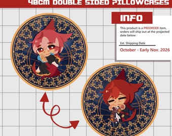 May include: Two circular 40cm double-sided pillowcases featuring an anime-style character with red hair and cat-like ears. The character is depicted in two different poses against a dark blue circular background with gold geometric patterns.