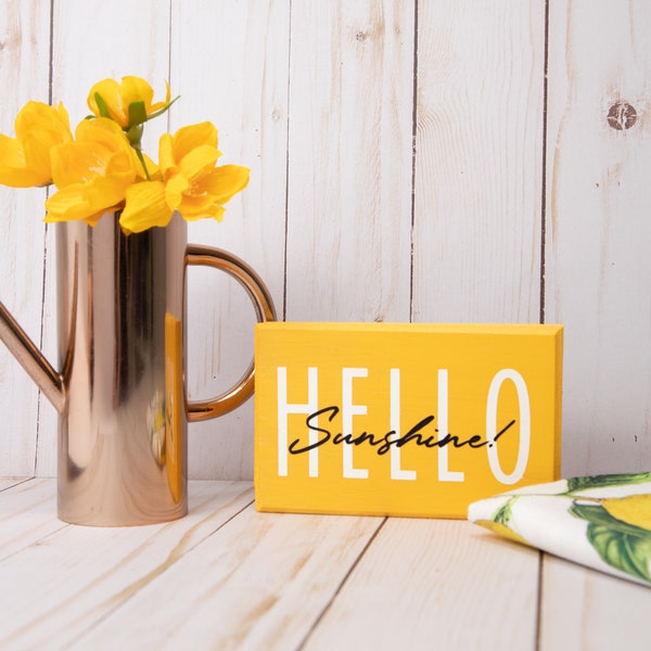 Hello Sunshine! -  Everyday Decor - Sunshine - Feel Happy -Inspirational - Hello - Hand Painted - Wood - Plaque Box (5.1in x 3in)