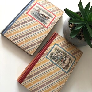 Peut inclure: Deux livres anciens à couverture rigide avec des couvertures rayées colorées et des illustrations. Les livres ont un dos bleu et rouge. L'un présente une illustration d'une fille et d'une souris, l'autre montre un groupe de personnages.