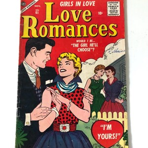 May include: A vintage comic book cover for "Love Romances" with a red backdrop and yellow text. The image shows a couple in a romantic pose, with other figures in the background. The comic is dated November, No. 61.