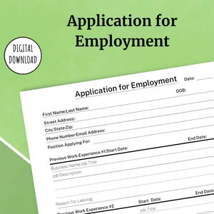 Application for Employment Printable, Job Application, Digital File, Instant Download