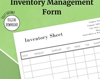 May include: A printable inventory sheet form with the title "Inventory Management Form" and the subtitle "Inventory Sheet". The form has columns for date, product, supplier, quantity, price, tax, and shipping.