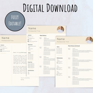 Professional Resume Template Editable Canva Cover Letter, One Page Resume, Two Pages Resume
