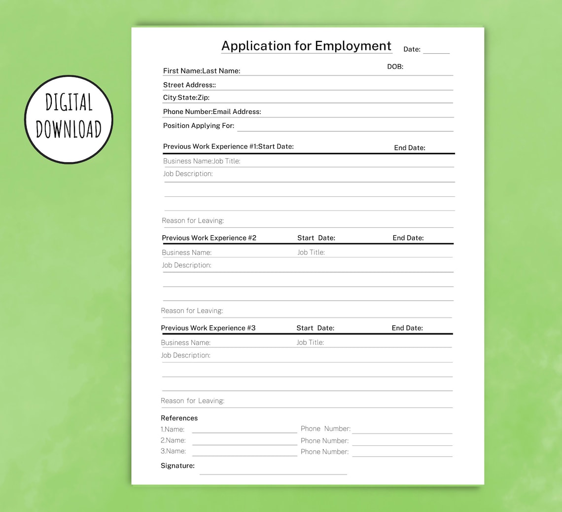 Application for Employment Printable, Job Application, Digital File ...