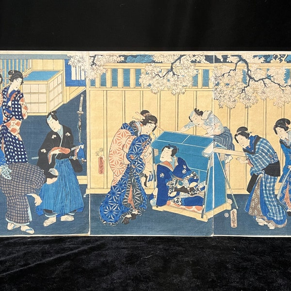 Antique Japanese Original Woodblock Print: By TOYOKUNI III/ KUNISADA Utagawa 1853 Tales of Genji Triptych