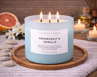 Grapefruit and Vanilla Candle | 3-Wick Scented Candle for Home, Soy Candle with Unisex Fragrance Long Lasting Aromatherapy Candle 15.8 Oz