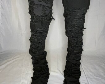 Black Stacked Denim Jeans Streetwear Y2k Frayed Distressed - Etsy