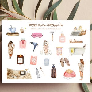 May include: Watercolor illustration of a bedtime routine sticker sheet. The sheet features various self-care items like a candle, eye mask, perfume, hair dryer, bath, and slippers. The text "Petite Green Cottage Co Bedtime Routine Sticker Sheet" is at the top.