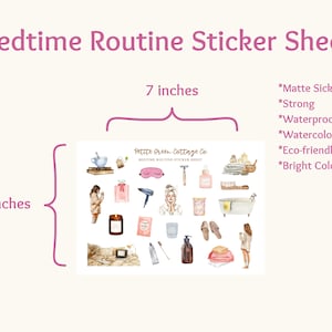 May include: A sticker sheet labeled "Bedtime Routine" with watercolor illustrations of self-care items. The sheet is 7 inches wide and 5 inches tall. Features include matte sticker paper, waterproof design, and bright colors.