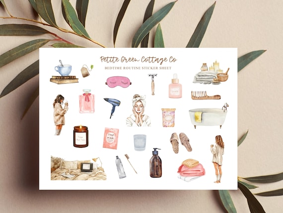 Watercolor Nighttime Routine Stickers: Self Care Scrapbooking, Planner Stickers