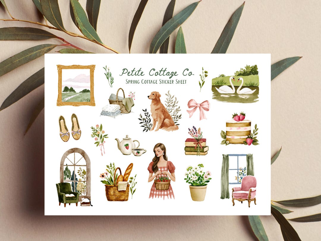 Cottagecore Spring Sticker Sheet, Cozy Cottage Life Watercolor Planner ...