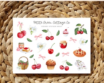 Watercolor Cherry Stickers: Cottagecore Planner Stickers