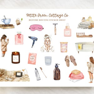 May include: Watercolor illustration of a bedtime routine sticker sheet by Petite Green Cottage Co. The sheet features various self-care items, including a teacup, eye mask, razor, candle, sheet mask, bath, and more. The color palette includes soft pinks, browns, and blues.