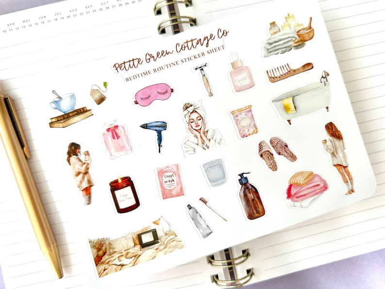 May include: A sticker sheet with watercolor illustrations of bedtime routine items. Includes a pink eye mask, a bathtub, a candle, a hair dryer, a woman in a robe, and other self-care products.