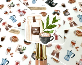 May include: A set of stickers featuring coffee-themed illustrations. The stickers include a coffee bag, a cup of coffee with latte art, a coffee plant, and other coffee-related designs. The stickers are printed on white paper and have a glossy finish.