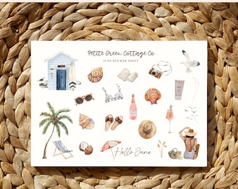 May include: A sticker sheet with watercolor illustrations of summer and beach-themed items. Includes a beach hut, seashells, sunglasses, a bikini, a bottle of rosé, a camera, and the text "Hello June".