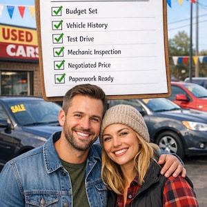 Könnte beinhalten: Ein braunes Klemmbrett mit einem weißen Blatt Papier mit der Überschrift CAR BUYING CHECKLIST, das sechs grüne Häkchen neben Budget Set, Vehicle History, Test Drive, Mechanic Inspection, Negotiated Price und Paperwork Ready zeigt, gehalten über zwei lächelnden Personen.