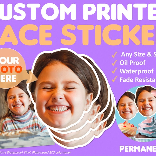 Custom face sticker. Custom photo sticker. Custom party favor. Personalized sticker. Diecut printed stickers & decals. Any shape. Waterproof