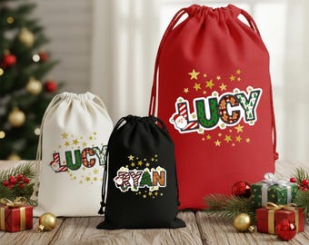 Saco de Papá Noel personalizado con nombre personalizado, bolsa de regalo navideña para niños, bolsa de regalo festiva con estrellas para niños, niñas y familia.