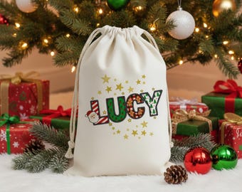 Bolsa de Papá Noel con nombre personalizado, bolsa de regalo navideña para niños, bolsa festiva personalizada de Papá Noel para niños y niñas, celebración navideña