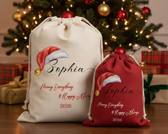Personalisierte Weihnachtsmannsack Weihnachtsgeschenktasche | Benutzerdefinierte Name Urlaub Leinwand Geschenkverpackung für Kinder | Wiederverwendbarer Kordelzug-Weihnachtssack mit Folien-Finish