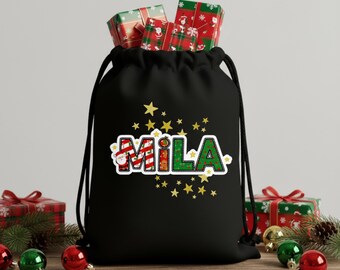 Saco de Navidad personalizado con nombre personalizado, bolsa de Papá Noel, bolsa de regalo navideña, saco festivo de Papá Noel para niños, regalo de Navidad para familiares y amigos
