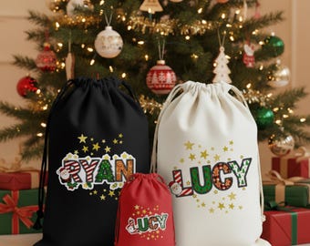 Saco de Papá Noel personalizado con nombre, bolsa de regalo navideña personalizada, saco festivo para niños, niñas, familia, mañana de Navidad