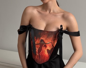 Vändbar renässanskorsett, 2 designer i 1, specialdesignad korsetttopp, satinjacquardkorsett underbyst, festbrudkorsett med statement-motiv