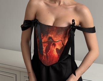 Custom Renaissance Corset Top, Reversible Angel & Woman on Fire Satin Corset, Vintage Art Corset