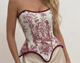 Rood satijnen korsettopje, gestructureerd peplum korset, elegante modieuze bustier, feestcorset, vintage geïnspireerd korset