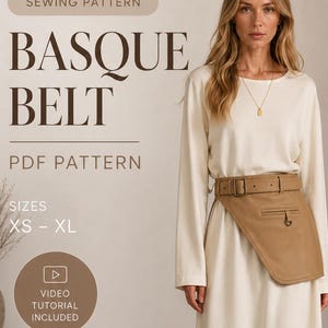May include: A sewing pattern for a basque belt, available in sizes XS to XL. The digital PDF includes a video tutorial and is formatted for A4 home printing. The design features a tan, asymmetrical belt with a buckle and a zippered pocket.