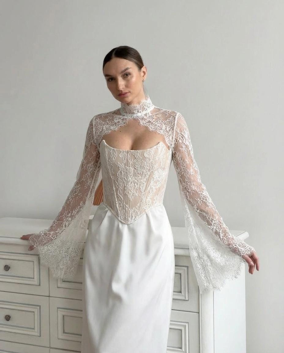knee length dresses for ladies Tali French lace cover up V back topper in Ivory