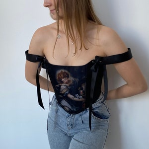 Bilateral corset with pictures, Corset with print, Vintage corset top,Custom-made urban modern corset,Satin corset,Custom corset,Boho corset image 3